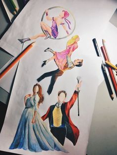 a drawing of some people on paper with colored pencils