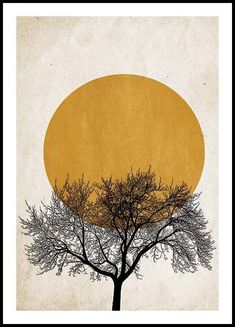 a tree with no leaves in front of an orange sun on a beige paper background