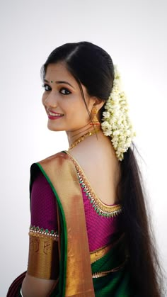 Muhurtham Hairstyle, Hindu Engagement, Traditional Braids, Green Blouse Designs, Gold Saree, Blouses Work, Disney Car, Silk Saree Blouse Designs Patterns, Mini Jeep