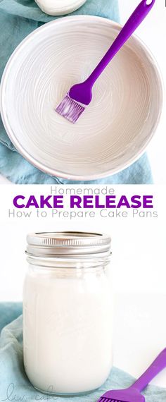 there is a cake in a jar with a purple spatula on it and the words cake release above it