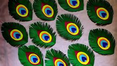 peacock feathers are arranged on a table