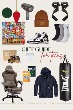 the gift guide for teens includes shoes, hats, socks and other items that are on display