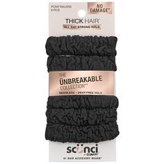 The Unbreakable Collection, new to scunci! This 6-pack features hybrid ponytailers that pass the ultimate stretch test. Great for thick hair, these are the perfect blend of scrunchie and ponytailer for perfect all day hold. Pull your hair up in a ponytail, a bun, a half-up 'do, and more. In classic black, you can take these from the gym to the office, and even out to dinner, without sacrificing style or hold. About scunci hair accessories: When it comes to keeping your look on-trend, scunci has Stylish Headbands, A Ponytail, Black Boy, Half Updo, Thick Hair, Half Up, Black Is Beautiful, Hair Brush, 6 Pack