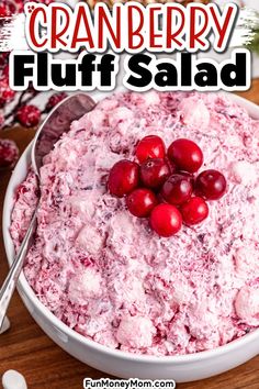 cranberry fluff salad in a white bowl on a wooden table with text overlay