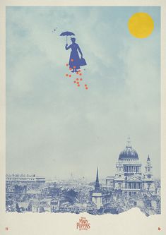 a woman with an umbrella is flying in the sky over a cityscape and buildings