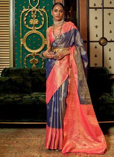 Shop Latest Bridesmaid Saree - HATKAY Peach Color Blouse, Peach Color Saree, Thread Tassels, Blue Silk Saree, Peach Saree, Handloom Weaving, Lehenga Choli Online, Weaving Designs, Indian Sarees Online