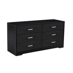 a black dresser with four drawers and two doors on the bottom drawer, in front of a white background