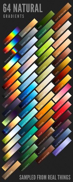 a poster with different colors on it that says, 64 natural gradients sample from real things