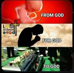 a man kneeling in front of a casket with flowers on it and the words from god for god to god