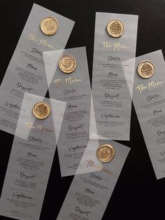 five different types of wedding cards with gold coins on them