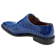 This double monkstrap dress shoe from Belvedere comes with a genuine 100% ostrich leg upper, leather sole, and cushioned leather insole. Made by hand by artisans in Mexico. Elegant Blue Slip-on Monk Strap Shoes, Elegant Blue Monk Strap Shoes With Leather Sole, Blue Business Dress Shoes With Removable Insole, Blue Leather Loafers, Luxury Monk Strap Shoes With Textured Sole, Luxury Blue Monk Strap Business Shoes, Luxury Blue Monk Strap Shoes For Formal Occasions, Luxury Blue Monk Strap Shoes For Business, Blue Moc Toe Dress Shoes For Business