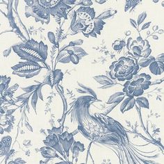 a blue and white floral wallpaper with birds