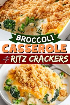 broccoli casserole with ritz crackers in a white dish on a plate