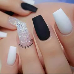 black and white nail designs with glitter accents