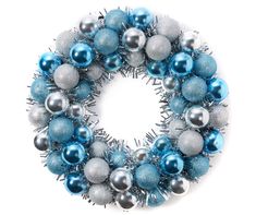 a blue and silver christmas ornament wreath