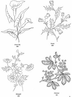 four different types of flowers are shown in black and white, with the names below them