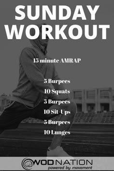 a poster with the words sun day workout and an image of a man doing squats