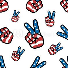 seamless pattern with peace and victory hand signs in red, white, and blue colors