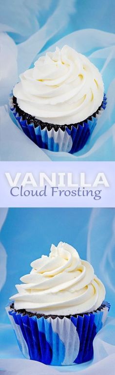 vanilla frosted cupcakes with white icing in blue wrappers