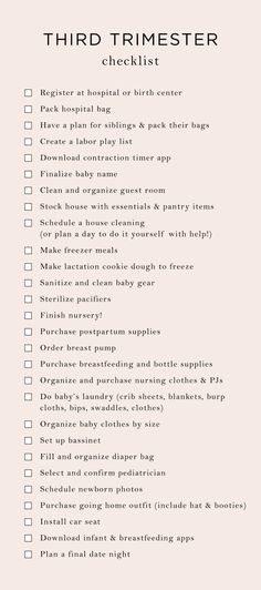 a checklist with the words third trimester written in black and white on it