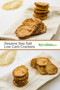 two pictures show sesame sea salt and low carb crackers on napkins next to each other