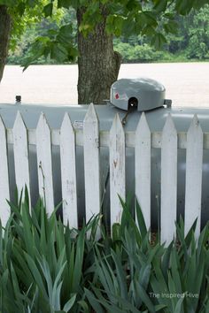 a car is parked on top of a white picket fence in front of a tree