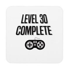 the words level 30 complete with two video game controllers in black on a white background