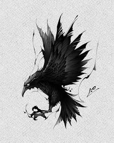 a black and white drawing of a bird with its wings spread out, it's head