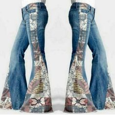 a pair of jeans with an intricate design on the bottom and side, are shown