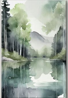 watercolor painting with trees and mountains in the background