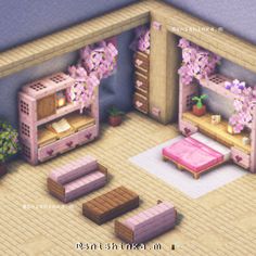 the room is decorated with pink furniture and flowers