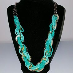 New With Tag Beautiful Set Of Aqua/Gold Toned Necklace And Earing Will Look Great With Any Summer/Spring Outfit And Even Great Accessory To Wear On Vacation Bundle #3 Accessories For $20 Turquoise Jewelry With Adjustable Chain For Party, Green Jewelry With Colorful Beads, Green Chain Jewelry For Party, Green Metal Jewelry With Colorful Beads, Necklace And Earing, Aqua Jewelry, Purple Logo, Anchor Necklace, Neck Choker