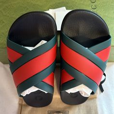 Guaranteed Authentic Gucci Women's Web Slide Rubber Sandals Sz 39 Made In Italy Brand New In Box With Dust Bag. A Size 39 In European Shoe Sizes Is Equivalent To A Size 8 Or 8.5 In Women's Us Shoe Sizes: Please Know Your Gucci Size. All Sales Are Final. Please Ask Questions Prior To Buying. Thank You Red Gucci Sandals For The Beach, Designer Synthetic Slides Slip-on, Designer Synthetic Slip-on Slides, Gucci Green Flat Sandals, Green Flat Gucci Sandals, Gucci Green Summer Sandals, Green Gucci Sandals For Summer, Designer Flat Heel Sandals With Rubber Sole, Designer Sandals With Round Toe And Rubber Sole