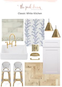 a white kitchen with gold fixtures and accessories