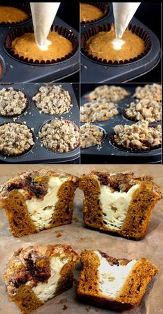 the steps to make pumpkin muffins are shown in different stages, including being cut into