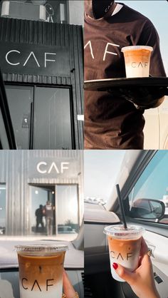 three different shots of people holding drinks in front of a car and the same photo