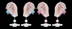 three different types of ear piercings with pink, blue and white beads on them