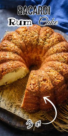 a bunt cake is shown with the words bacardi rum cake below it