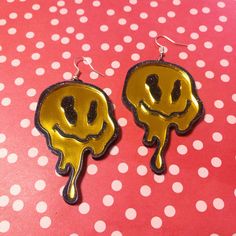 "*Thank you to @aperennialplant for the 2nd photo & @area51basementclown for the 4th and last photos! These 90's Smiley Face Earrings are super colorful and fun! *The design was laser cut from 1/8\" inch thick acrylic. *The face was cut with mirror yellow acrylic, while the outline and details are glittery black. *They are lightweight, and were attached to silver earring hooks. *These can be personalized with earring posts or wrap around hooks for stretched ears. SIZE: *From the top of the earri Funky Yellow Earrings For Party, Smiley Face Earrings, Ashley Johnson, Face Earrings, Stretched Ears, Plastic Jewelry, Message Jewelry, Earring Posts, Hypoallergenic Earrings