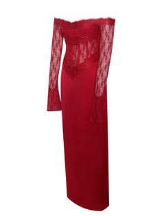 Elevate your elegance with the Nessa Red Lace Satin Corset Maxi Dress. This stunning ensemble boasts an off-the-shoulder design, crafted from double duchess luxe satin adorned with intricate lace trimmings. The fully boned corset enhances your silhouette, while semi-sheer lace graces the bodice. Beautiful red lace lines the neckline edges as well as the bust. Sheer lace long sleeves add a touch of romance, and the "V" shaped waistband accentuates the figure. Perfect for holiday parties, New Year Luxury Gown With Satin Finish, Formal Silk Dresses With Contrast Lace, Luxury Satin Dress With Lace Trim, Fitted Evening Dress With Delicate Lace, Evening Gown With Delicate Lace, Fitted Modal Satin Evening Gown, Fitted Modal Satin Gown For Evening, Modal Satin Gown For Gala, Satin Dresses With Lace Sleeves