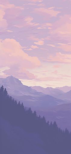 the sky is pink and purple with some clouds in it, as well as mountains