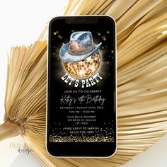 a party flyer with a disco ball and hat on the back of an iphone case