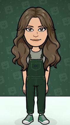 a cartoon girl with long hair wearing overalls