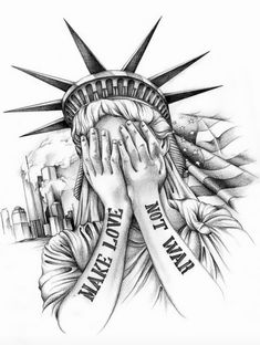 a drawing of the statue of liberty with hands covering it's face