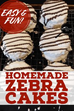 homemade zebra cakes on a cooling rack with text overlay