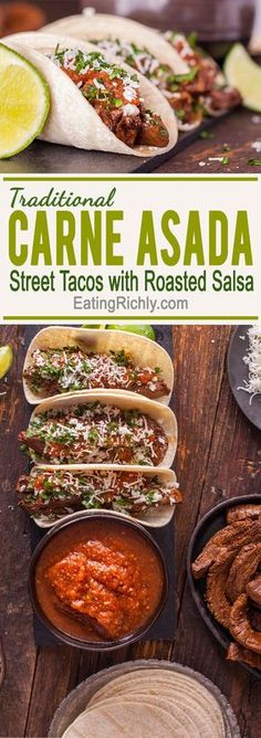 the cover of traditional carne asada street tacos with roasted salsa is shown