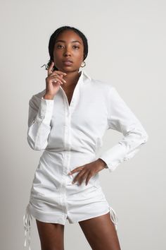 "The Mind Your Business Off White Shirt Bodycon Mini Dress Is This Perfect Mini Dress For Your Summer Vacation. This Button Up Mini Dress Features Ruched Sides And Tie Details. Pair With Heels And A Clutch For A Fun Night Out. " Off White Shirt, Bodycon Shirt, Mind Your Business, Off White Shop, Shirt Mini Dress, White Bodycon Dress, Business Shirts, Mini Shirt Dress, Bodycon Mini Dress