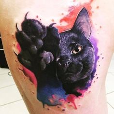 a black cat with paw prints on it's leg and chest is painted in watercolor