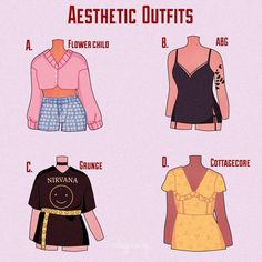 four different types of clothes for women with names on the front and side, including one in