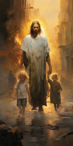 a painting of jesus walking down the street with two little children in front of him